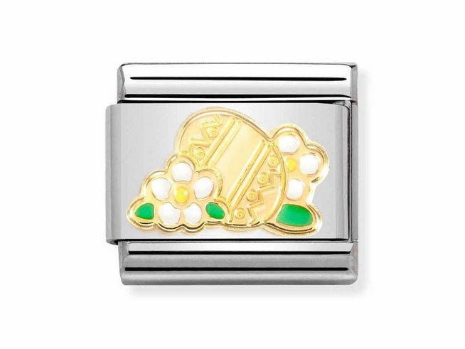 Edelstahlarmband mit einem Osterei-Design in 750 Gelbgold und Emaille, verziert mit Blumenmotiven in Weiß und Grün, hergestellt von Nomination.