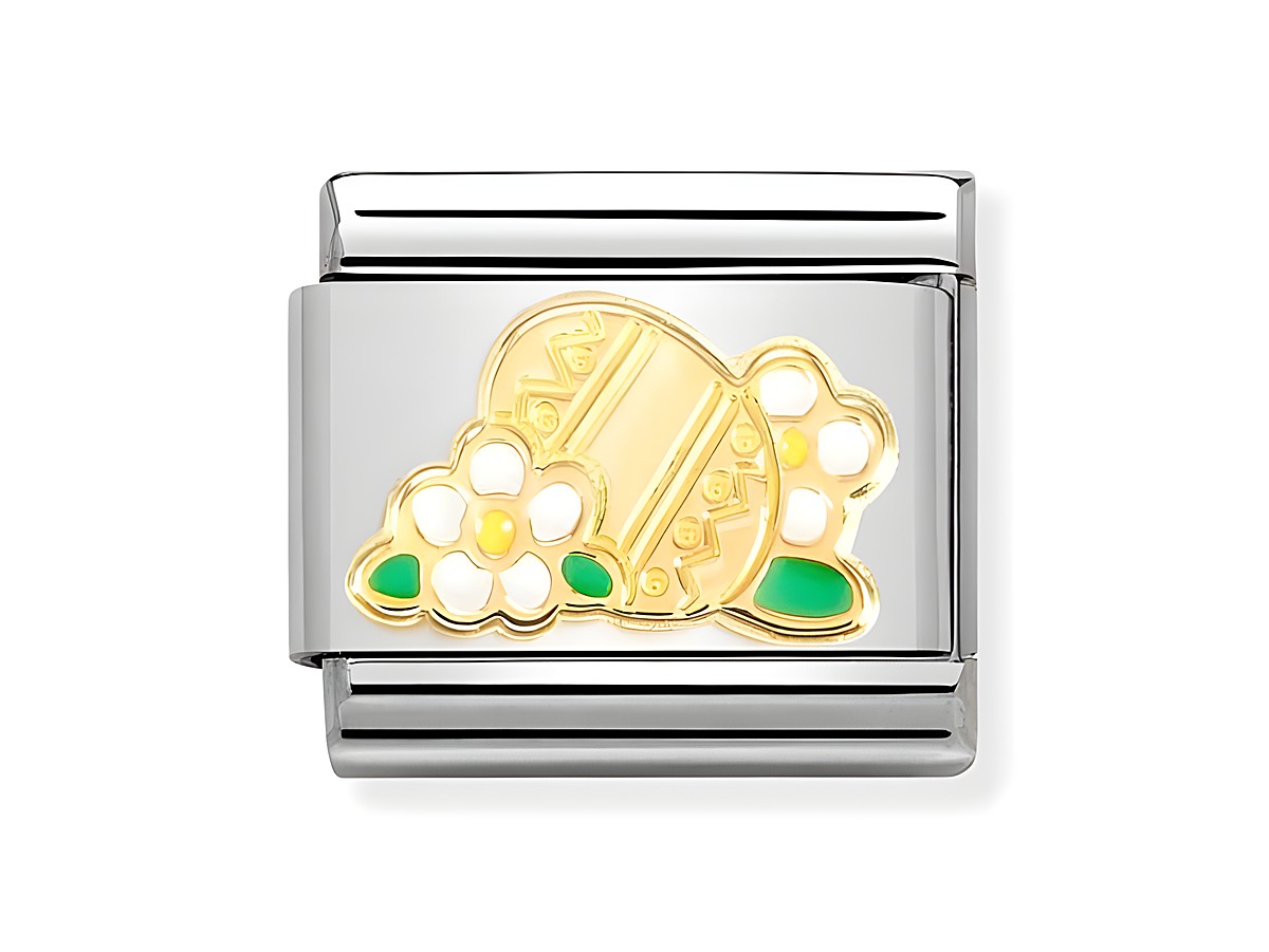 Edelstahlarmband mit einem Osterei-Design in 750 Gelbgold und Emaille, verziert mit Blumenmotiven in Weiß und Grün, hergestellt von Nomination.