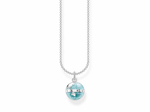 Silberne Kette mit Weltkugel-Anhänger aus cold enamel in Blau, Modell Thomas Sabo Charming Collection KE2061-007-1-L45v, verstellbar von 38 bis 45 cm.