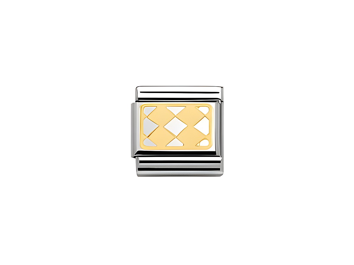 Bicolor Charm aus der Elegance Collection von Nomination mit vier rhombenförmigen Öffnungen in Silber und Gold, elegantes Design für Armbänder.