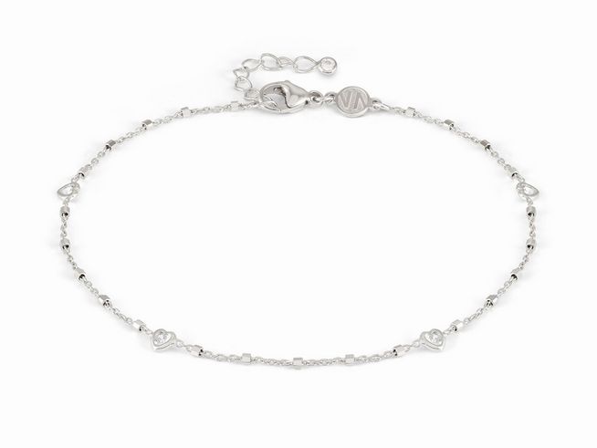 Feines Fußkettchen von Nomination aus rhodiniertem Silber mit weißen Zirkonia, Länge 23 bis 26 cm, zarte Herz- und Kugeldetails für elegantes Accessoire.