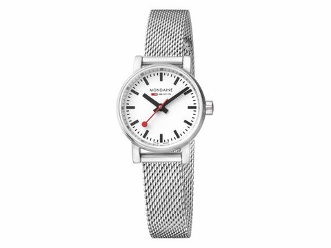Mondaine SBB Evo2 Petite 26 mm Damen Armbanduhr mit Saphirglas auf einem feinen Metallarmband in Silber. Zifferblatt mit schwarzen Ziffern und rotem Sekundenzeiger.