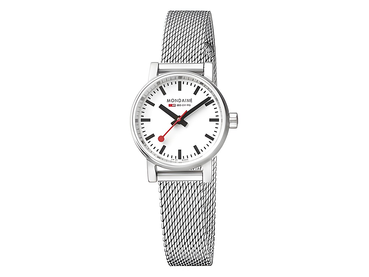 Mondaine SBB Evo2 Petite 26 mm Damen Armbanduhr mit Saphirglas auf einem feinen Metallarmband in Silber. Zifferblatt mit schwarzen Ziffern und rotem Sekundenzeiger.