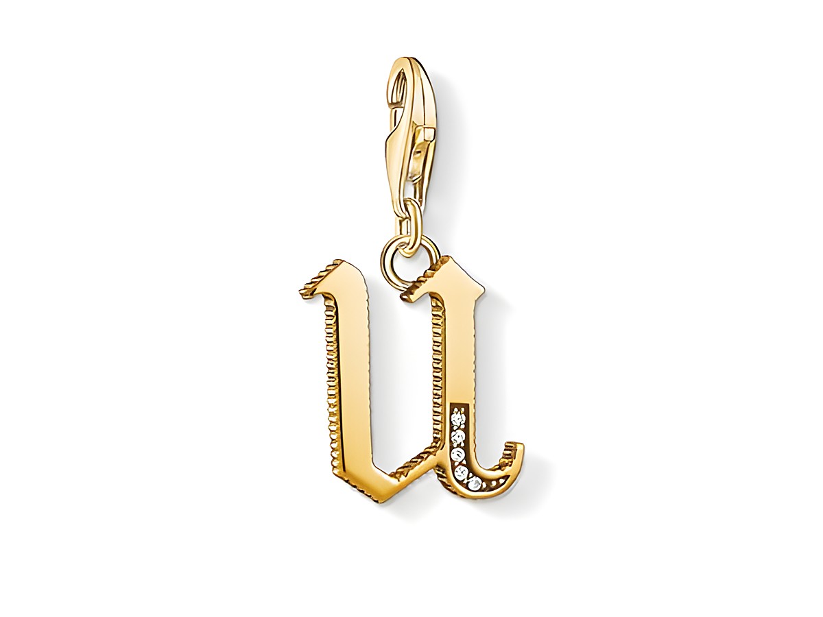 Charm-Anhänger Buchstabe U von Thomas Sabo in vergoldetem Design mit funkelnden Details, ideal zum individuellen Personalisieren von Schmuckstücken.