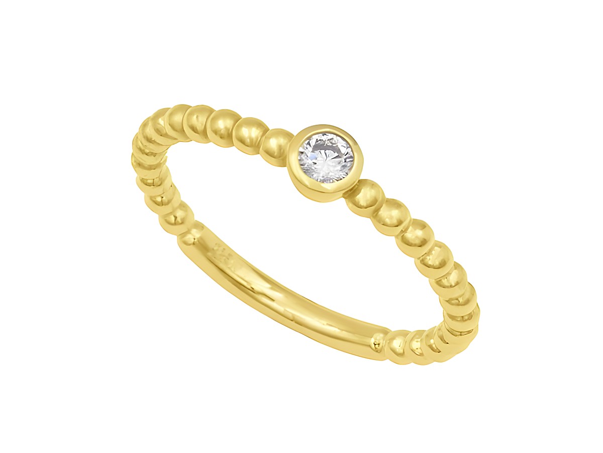 Ring aus Kugeln in Gelb mit einem funkelnden Stein in der Mitte, gefertigt aus Sterling Silber mit Gelbgold Vergoldung, Größe 52, Hersteller Juwelier Harnisch.