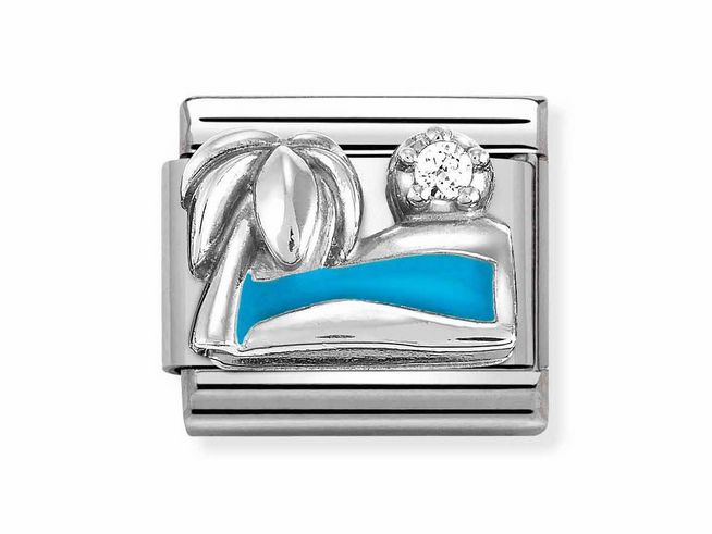 433030519-0 Edelstahl Charm mit einer Darstellung einer Palme am Meer, in Silber und Türkis-Emaille mit Zirkonia, hergestellt von Nomination, Silvershine Motive, ideal für einen stilvollen Look.