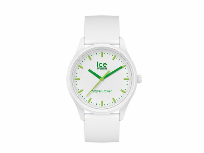 Die Ice-Watch ICE Solar Power Nature Small 018473 hat ein weißes Gehäuse und Armband sowie ein minimalistisches Zifferblatt mit grünen Akzenten und der Aufschrift Solar Power.