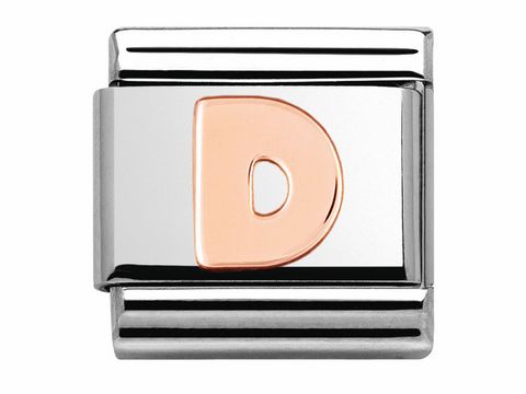 Classic Roségold Buchstabe D von Nomination, aus hochwertigem Edelstahl mit glänzender roségoldener Oberfläche, ideal zur Personalisierung von Armbändern, elegant und stilvoll.