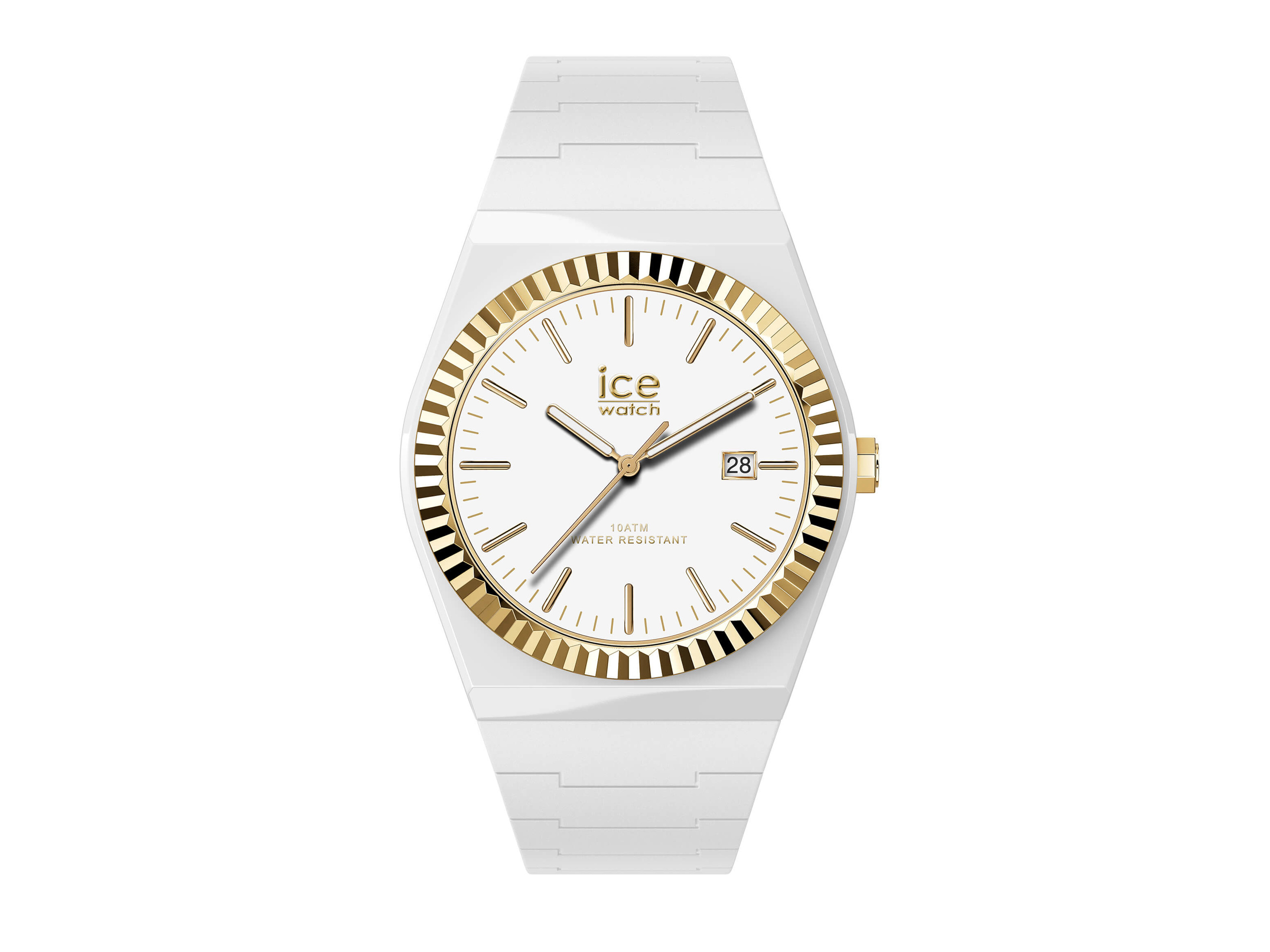 Die Ice Watch 024764 ICE Power in Weiß mit goldener Lünette und Ziffernblatt zeigt ein modernes Design. Die Uhr hat ein weißes Armband und ist wasserfest bis 10 ATM, perfekt für jeden Anlass.