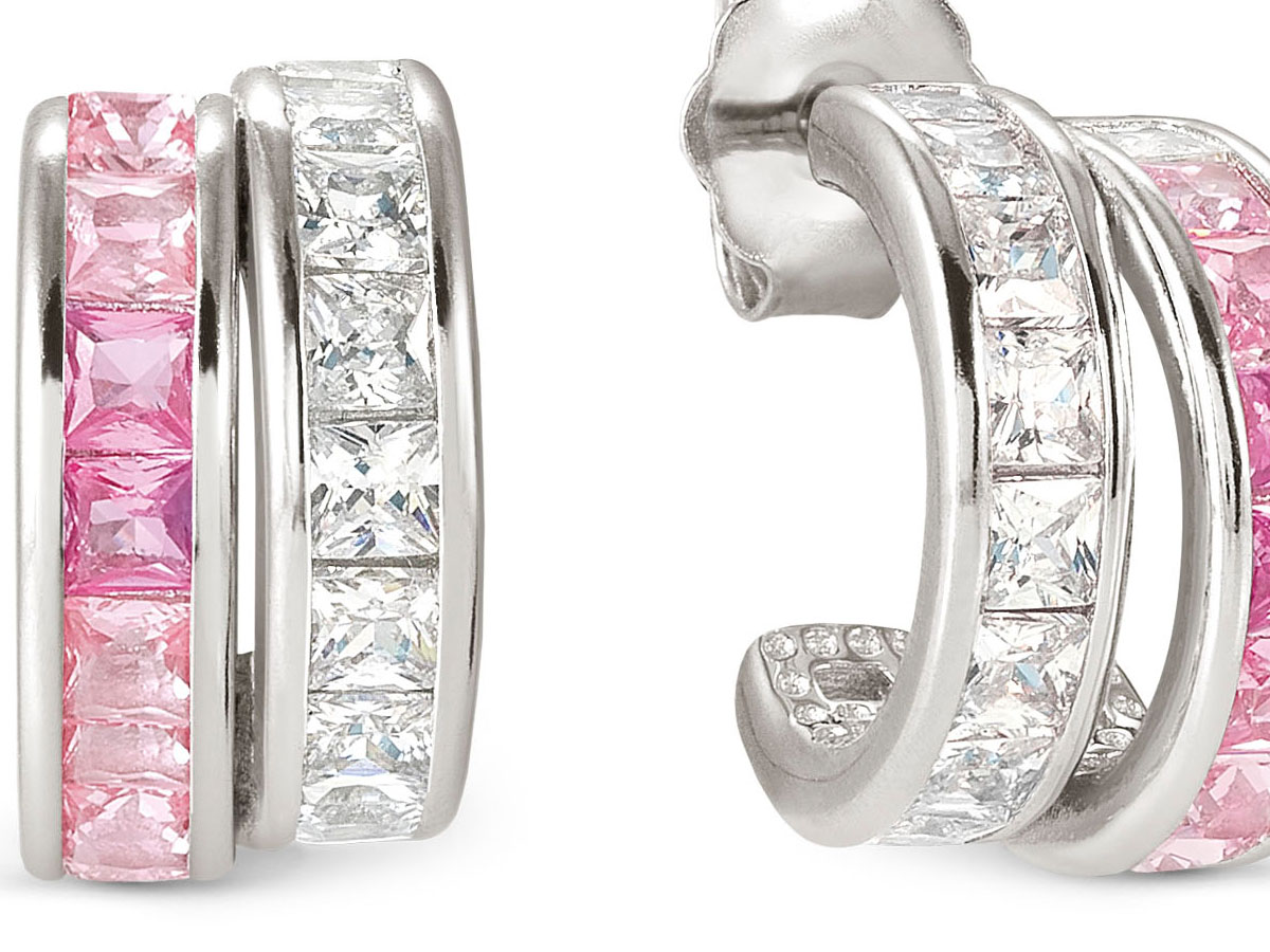 Doppelte Creolen aus Sterling Silber mit Zirkonia-Besatz in Weiß und Rosa, elegant und funkelnd, ein attraktives Schmuckstück für jeden Anlass.