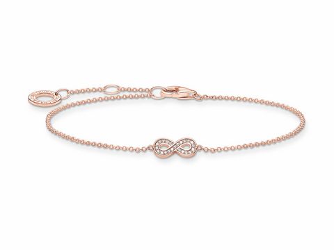 Roségoldenes Armband von Thomas Sabo aus der Charming Collection mit Unendlichkeitssymbol, Zierschmuck und verstellbarer Länge von 16 bis 19 cm in Silber und Roségold.