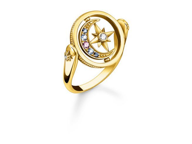 Ring aus sterling Silber mit vergoldeter Oberfläche, verziert mit Zirkonia und Glas-Keramik in Form von Mond und Stern, Größe 56, Hersteller Thomas Sabo.