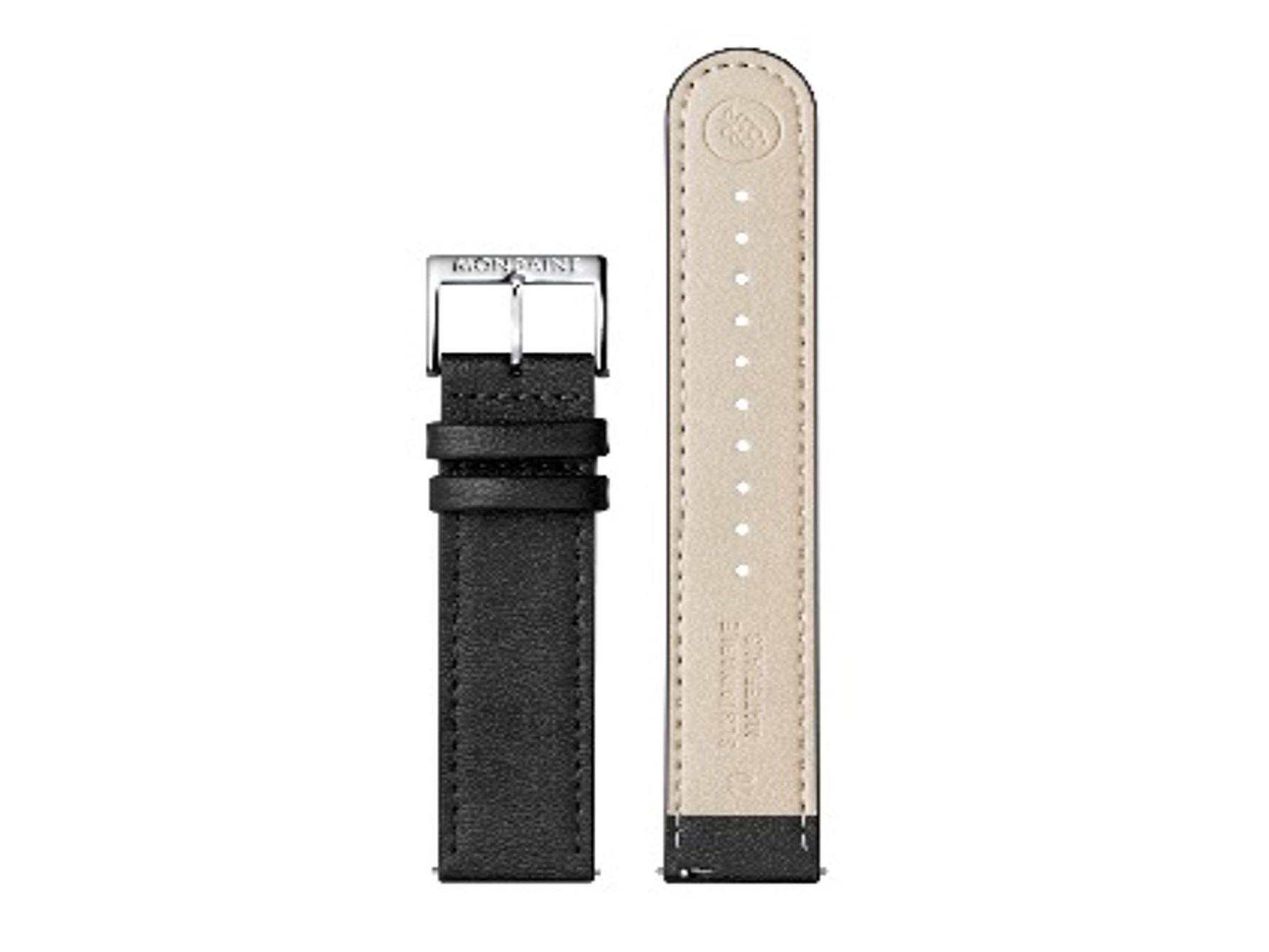 Lederarmband FGM.3120.22Q.K von Mondaine aus veganem Traubenleder in Schwarz, 20 mm breit, mit Edelstahlverschluss und beiger Innenseite. Ideal als Ersatz für Uhren.