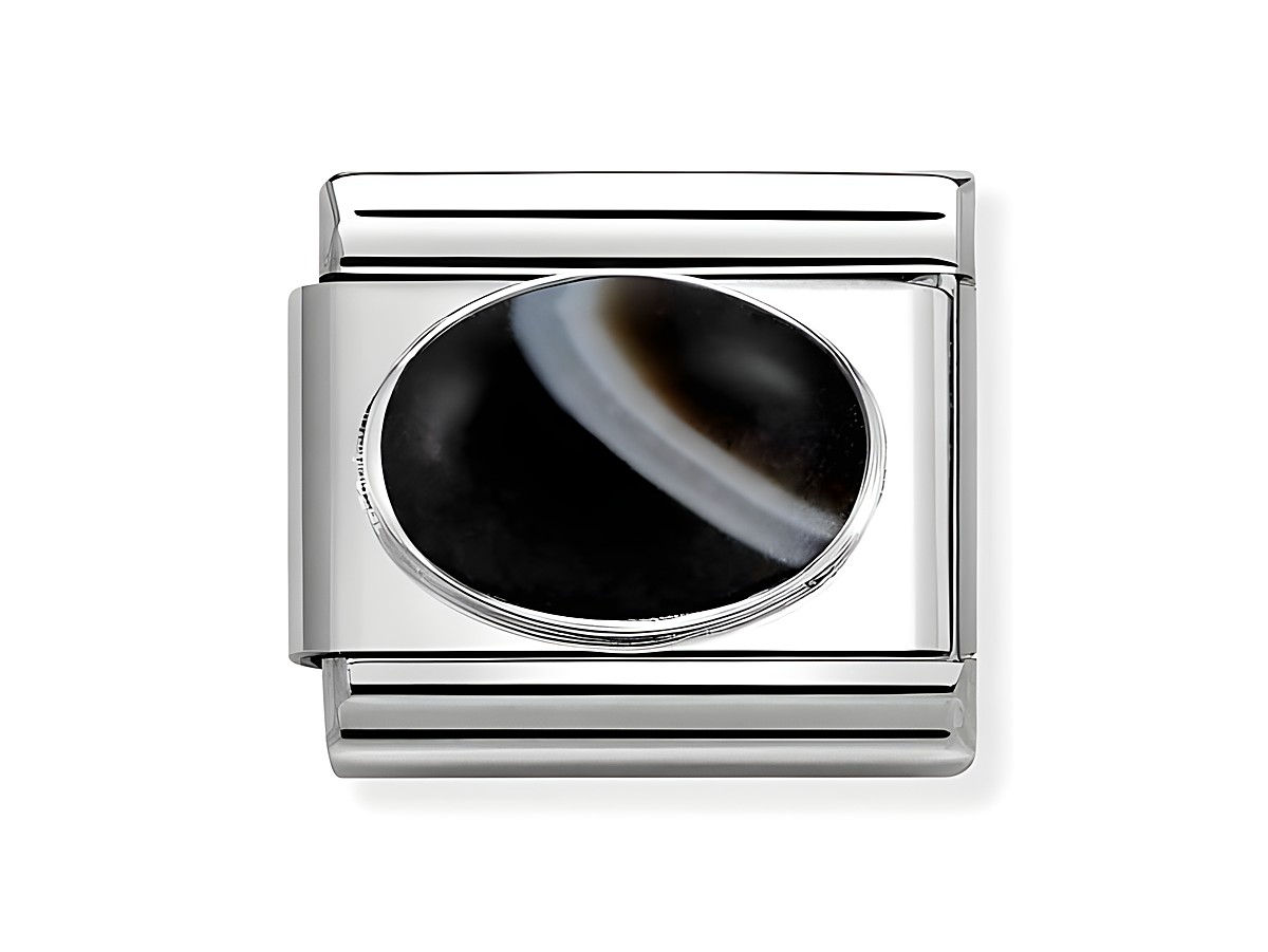 Ein elegantes Charm aus Edelstahl und Sterling Silber mit einem ovalen Onyxstein, der durch seine natürliche Musterung besticht und eine edle Note verleiht.