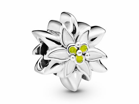 Edelweiß Charm aus Sterling Silber mit detaillierten Blütenblättern, verziert mit weißer und gelber Emaille. Ein elegantes Schmuckstück von Pandora.