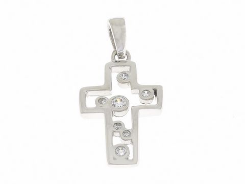 Silber rhodinierter Anhänger im Kreuzdesign, verziert mit Zirkonia-Steinen, Hersteller Juwelier Harnisch, moderne und elegante Form für vielseitige Tragemöglichkeiten.