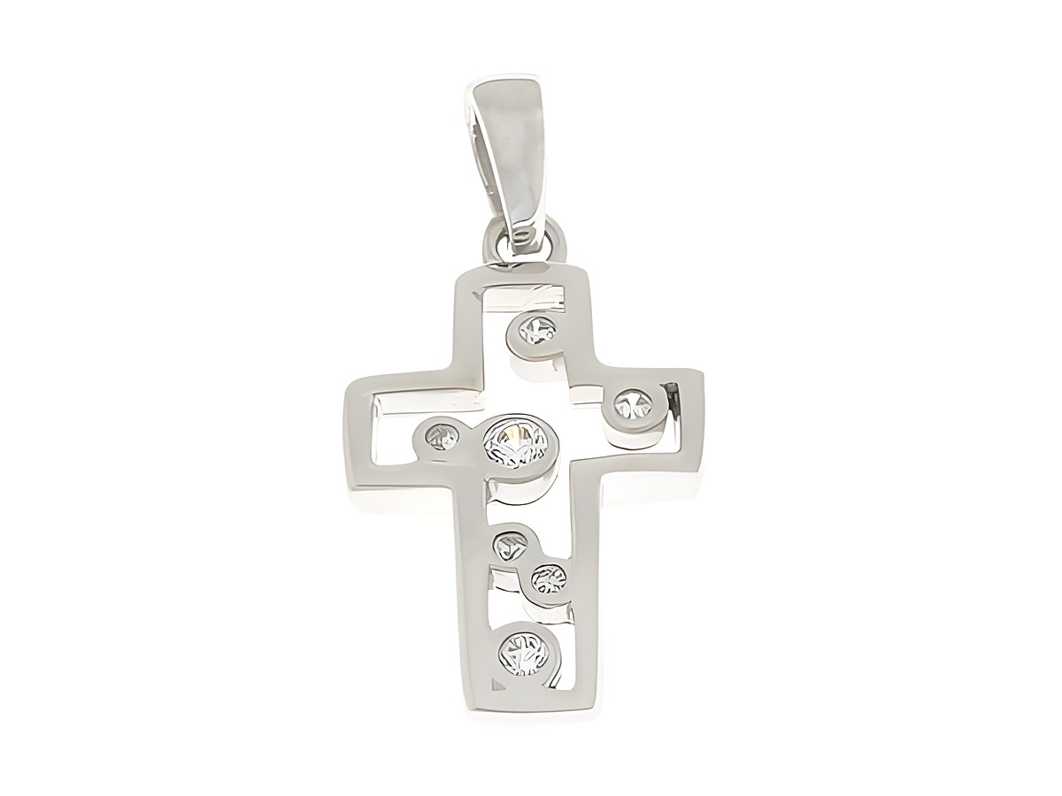 Silber rhodinierter Anhänger im Kreuzdesign, verziert mit Zirkonia-Steinen, Hersteller Juwelier Harnisch, moderne und elegante Form für vielseitige Tragemöglichkeiten.