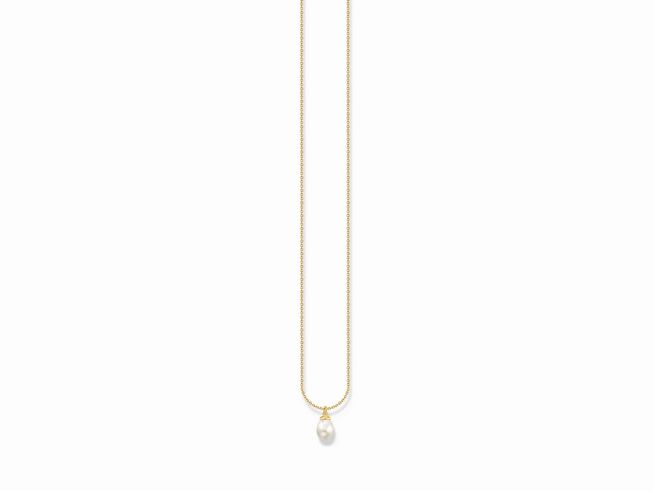 Silberne Kette von Thomas Sabo mit Gelbgold vergoldung und einer Zuchtperle in Weiß, verstellbare Länge von 38 bis 45 cm. Elegantes Schmuckstück für besondere Anlässe.