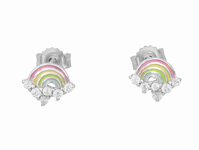 Ohrstecker in Regenbogenform aus rhodiniertem Sterling Silber mit buntem Lack und funkelnden Zirkonia, ideal für Kinder, Hersteller Juwelier Harnisch.