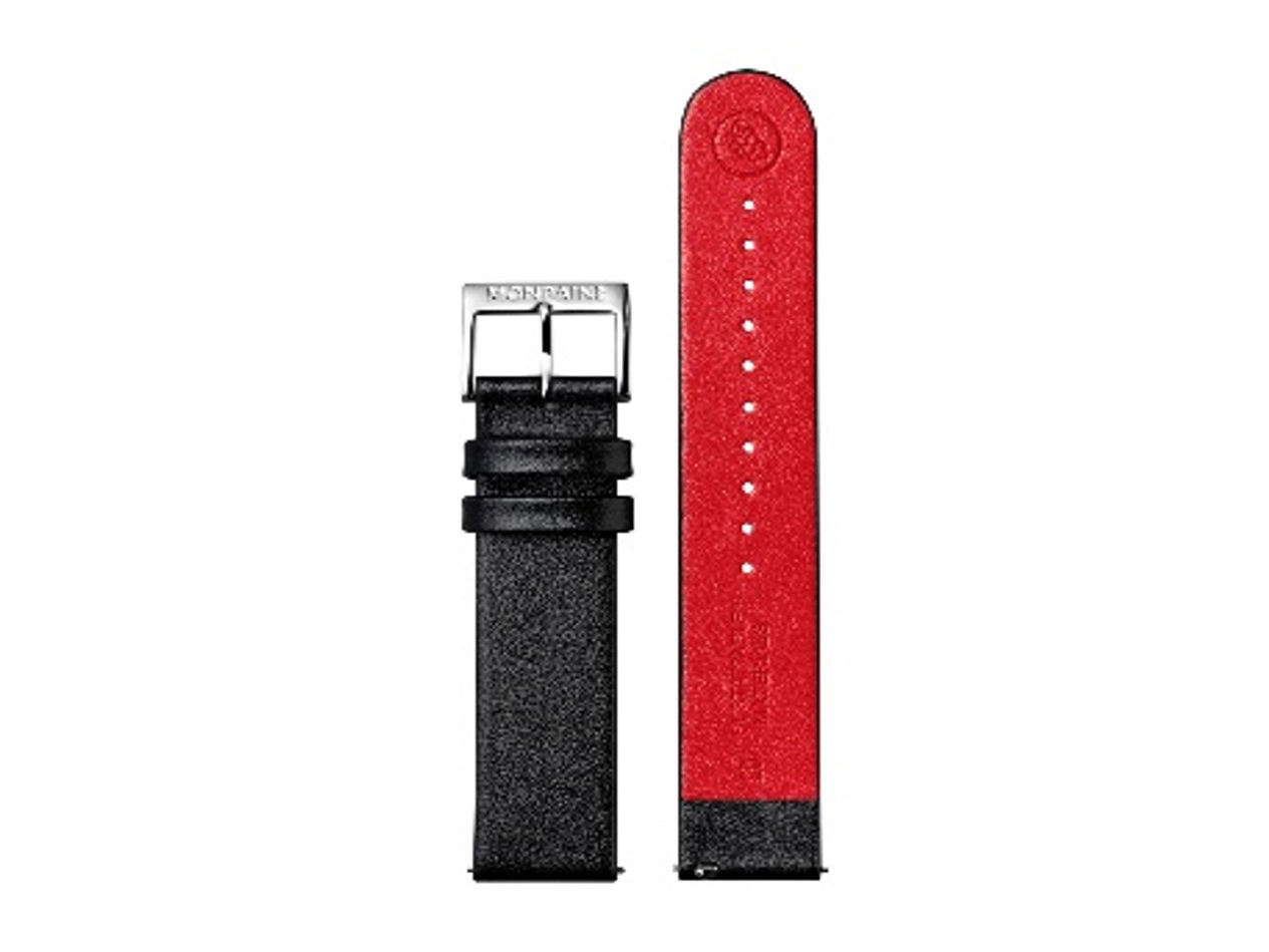 Schwarzes veganes Traubenleder Uhrenarmband von Mondaine mit Hauptseite in Schwarz und Innenseite in Rot, 20 mm breit, geeignet als Ersatz für Mondaine Uhren.
