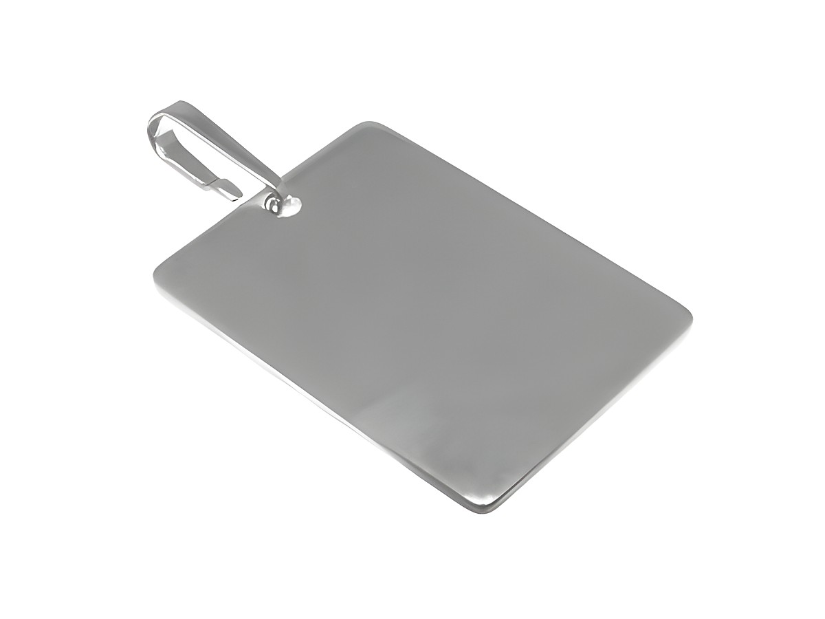 Silber Anhänger rhodiniert mit einer schlichten Gravurplatte von 3 cm, hergestellt von Juwelier Harnisch, ideal für persönliche Gravuren.