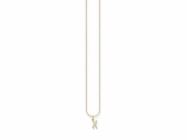 Silberne Kette mit vergoldetem Buchstaben X und Zirkonia-Steinen in Weiß, von Thomas Sabo, verstellbar von 38 bis 45 cm.