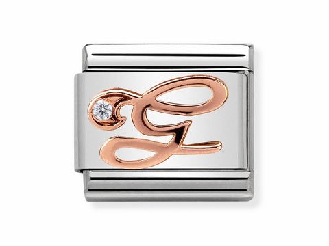 Buchstabe G von Nomination in der Composable Classic Ausführung mit rosegoldenem Design und einem glitzernden Stein auf silbernem Hintergrund. Ideal für individuelle Armbänder.