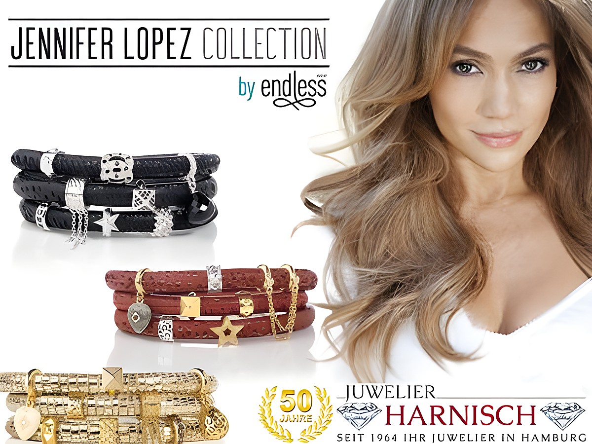 Auf dem Bild sind verschiedene Armbänder aus der Jennifer Lopez Kollektion von Endless zu sehen, darunter Modelle in Schwarz, Braun und Gold, präsentiert neben einem Porträt von Jennifer Lopez. – Ansicht 2