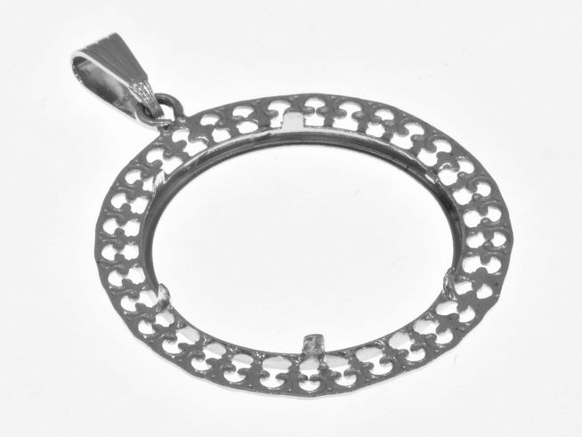 Ein filigraner Anhänger in Form eines Rankenmusters aus echtem rhodinierten Silber, geeignet für Münzen mit einem Durchmesser bis 26 mm, Hersteller Juwelier Harnisch.
