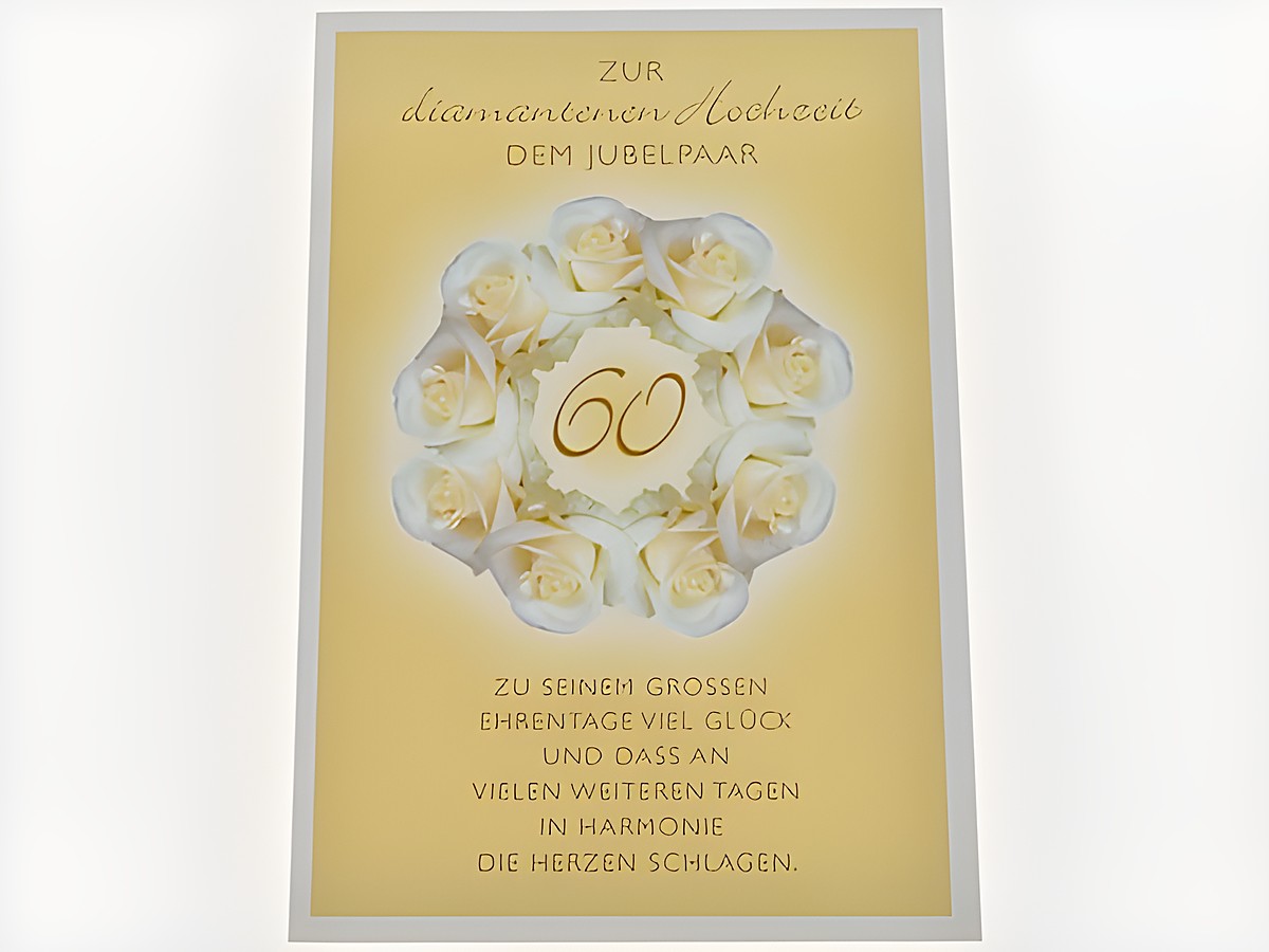 Hochzeitskarte zur diamantenen Hochzeit mit einem Kranz aus weißen Rosen auf goldenem Hintergrund, mit dem Text zu Glückwünschen für das Jubelpaar. Hersteller: Juwelier Harnisch.