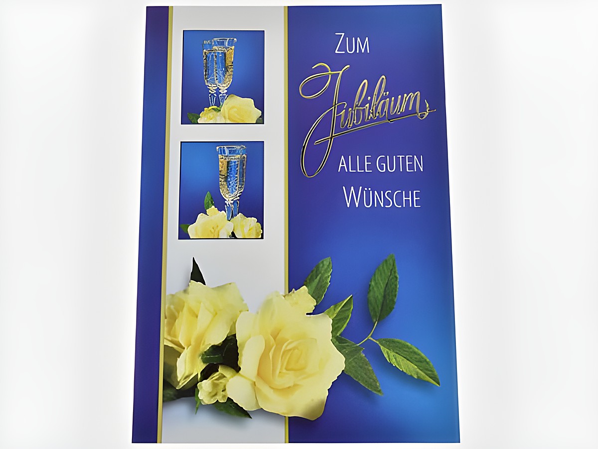 Glückwunschkarte zum Jubiläum mit Sektgläsern und gelben Rosen, dekoriert in Blau und Gold, Hersteller: Juwelier Harnisch, ideal für feierliche Anlässe.