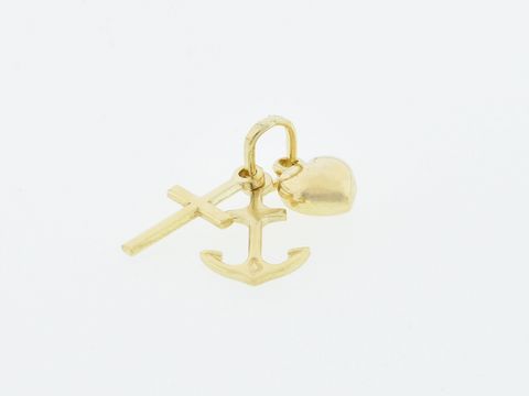 Gold Anhänger Glaube Liebe Hoffnung aus 333 Gold, bestehend aus einem Kreuz, einem Anker und einem Herz, Glücksbringer von Juwelier Harnisch.