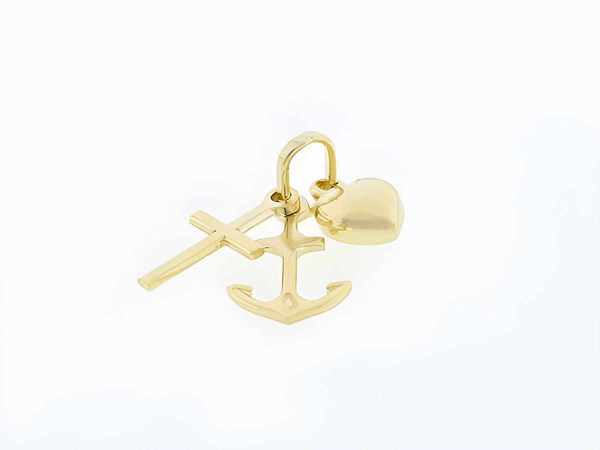 Gold Anhänger Glaube Liebe Hoffnung aus 333 Gold, bestehend aus einem Kreuz, einem Anker und einem Herz, Glücksbringer von Juwelier Harnisch.