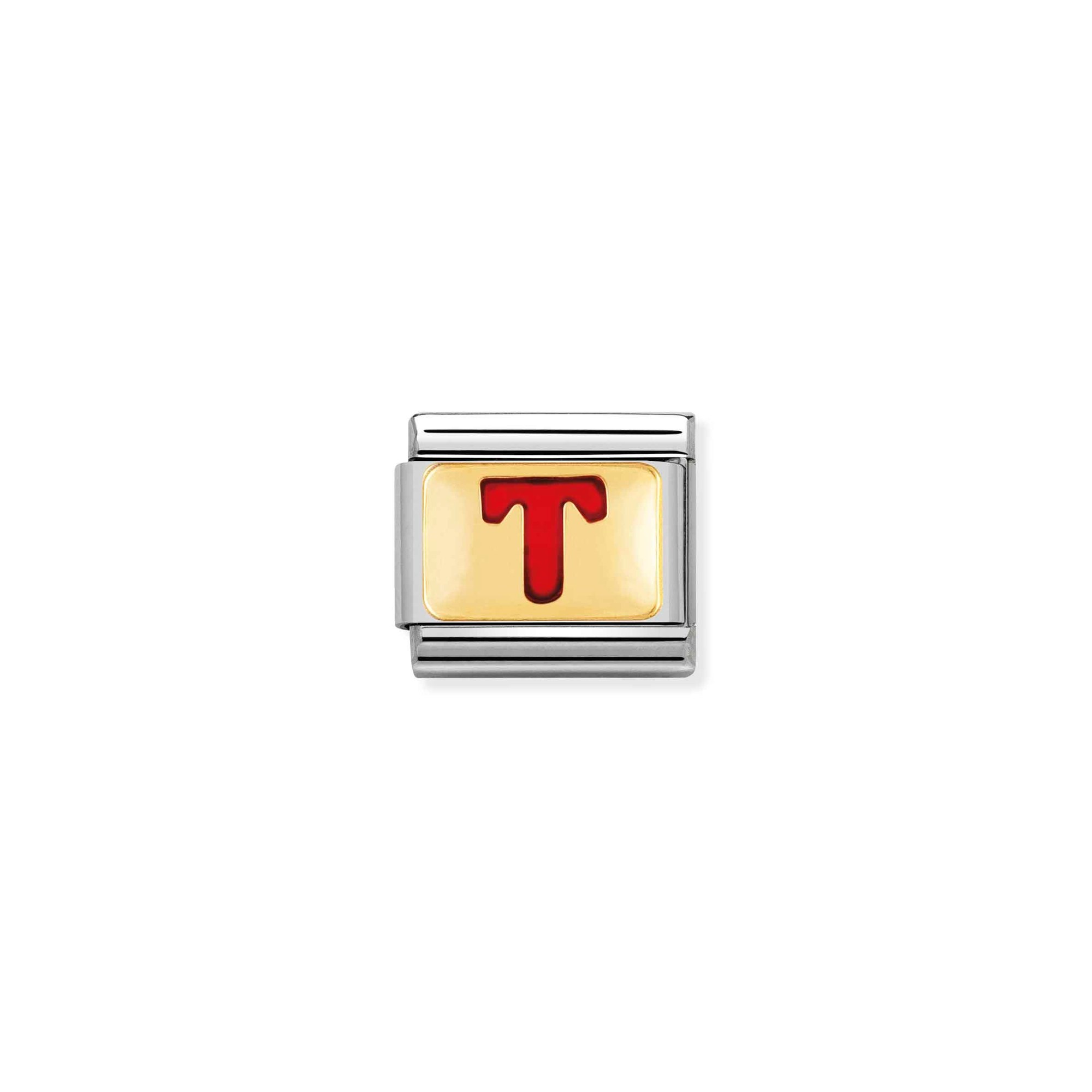 Nomination Composable Classic Charm Buchstabe T rot - Edelstahl, Gold 750 Gelbgold, Emaille