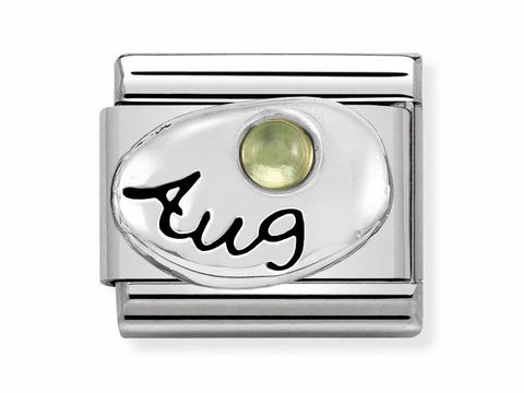 Silbernes Nomination Classic Element mit der Gravur Aug und einem Peridot, dem Monatsstein für August, ideal für Persönlichkeiten, die eine Verbindung zu ihrem Geburtsmonat suchen.