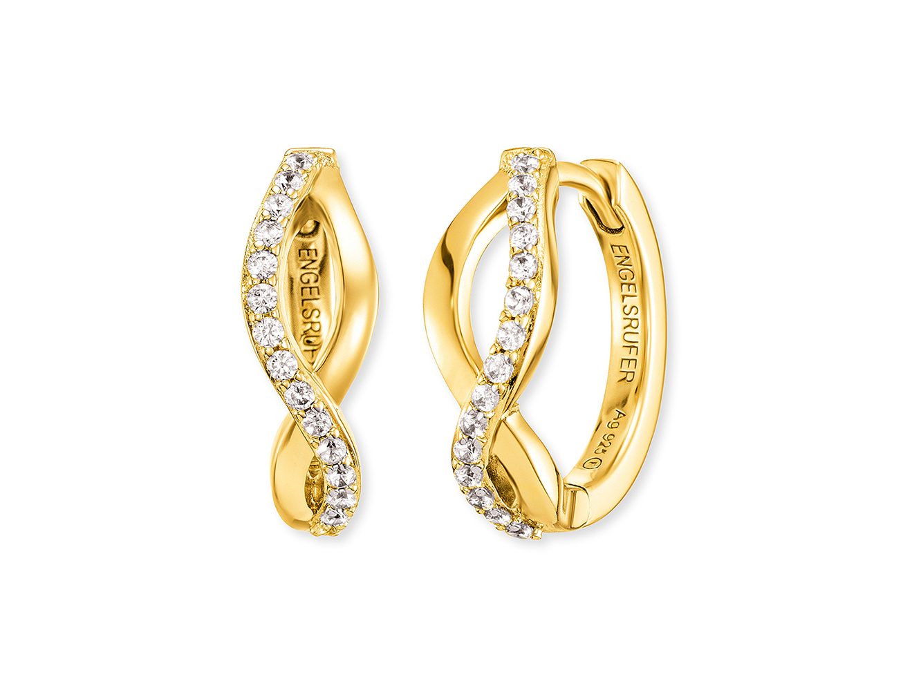 Zwei elegante Ohrringe von Engelsrufer aus gelbgoldvergoldetem Silber mit funkelnden Zirkonia-Steinen, 16,5 mm groß, in geschwungener Form gestaltet.