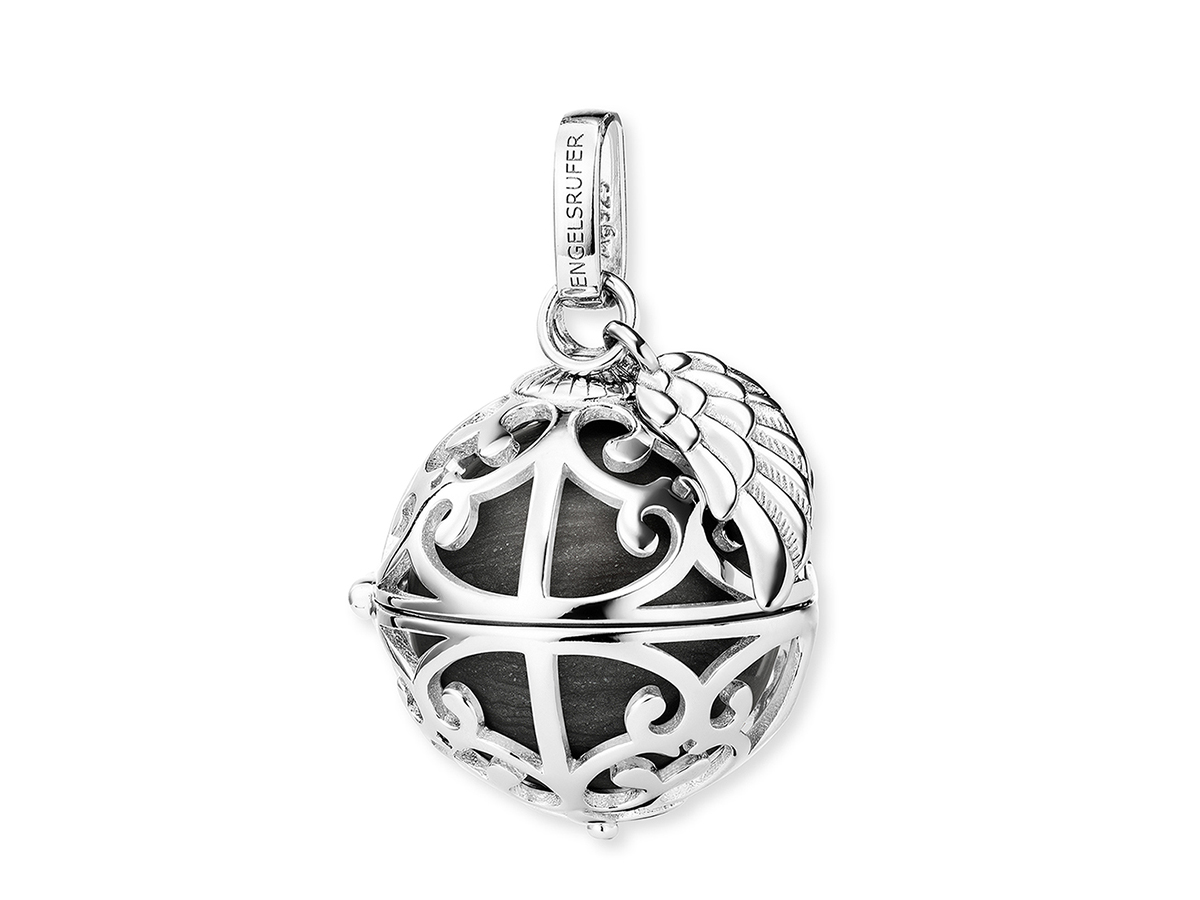 Engelsrufer ER-23-27-M Klangkugel Anhänger mit Flügel - Silber rhod. Perlmutt - Grau Gr. M Engelsrufer Klangkugel Anhänger mit Flügel in rhodinierten Silber, Perlmutt in Grau, Größe M. Elegantes Design mit filigranen Verzierungen und einem schützenden Flügel.