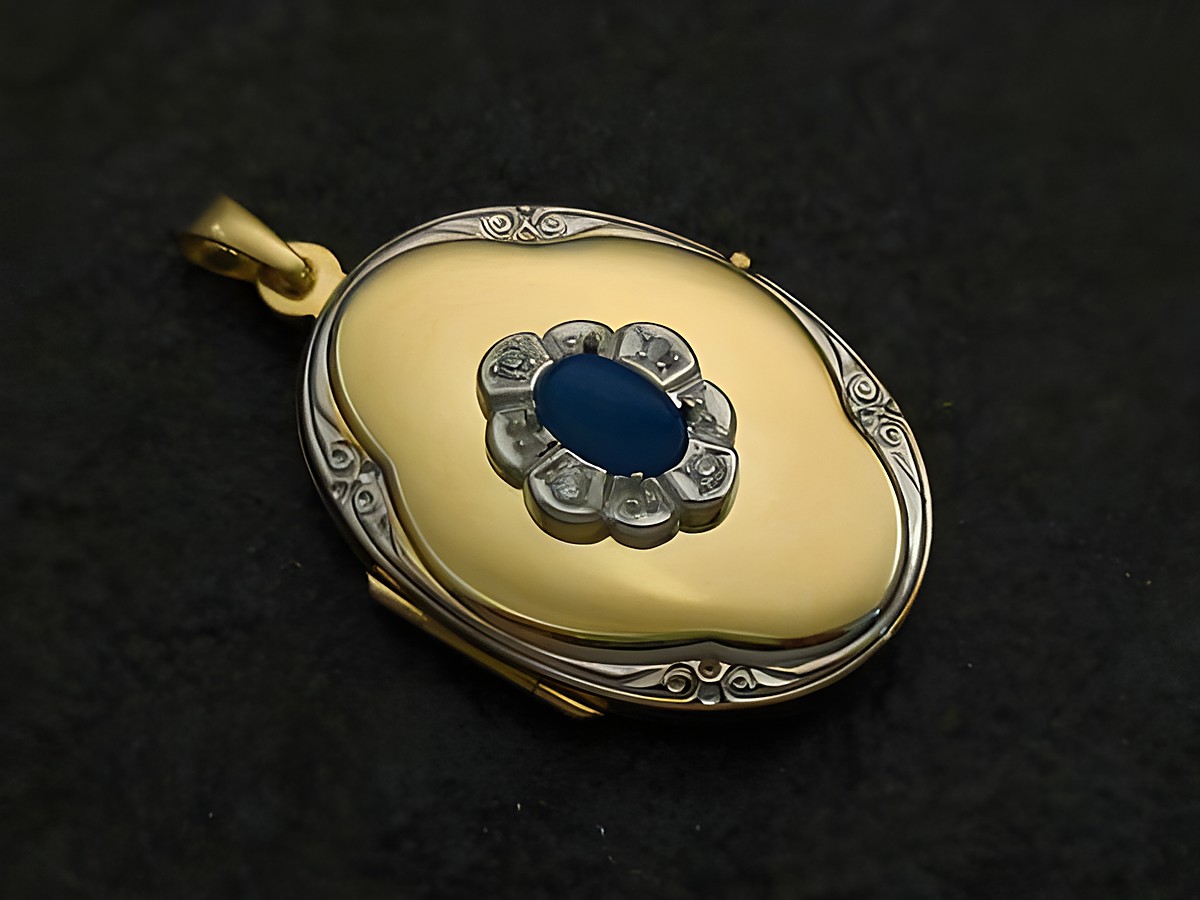 Achat blau Medaillon Cabochon Gold 585 bicolor mit Brillanten, Hersteller Juwelier Harnisch, Gelbgold 585, kunstvoll gearbeitet und elegant gestaltet, ideal als Schmuckstück oder Geschenk.