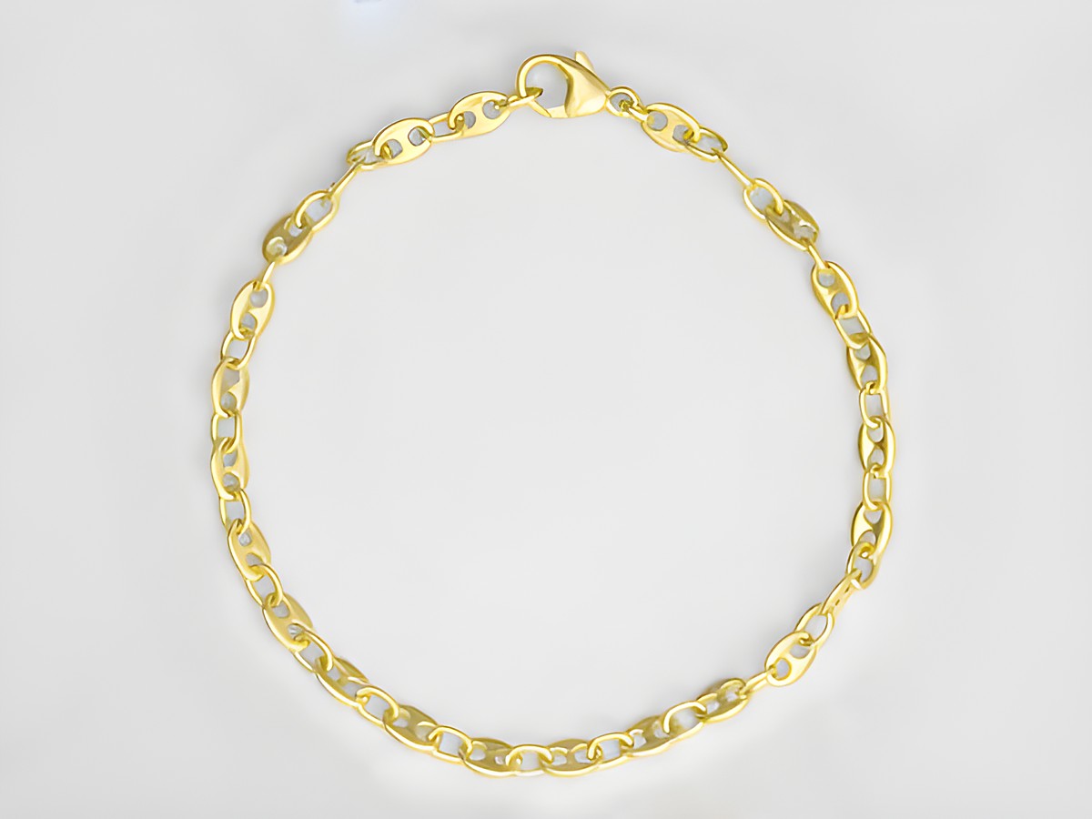 Bohnenkette aus 585 Gold, 19 cm lang, 4 x 3,4 mm Glieder, gefertigt von Juwelier Harnisch, elegantes Design, ideal als Armband.
