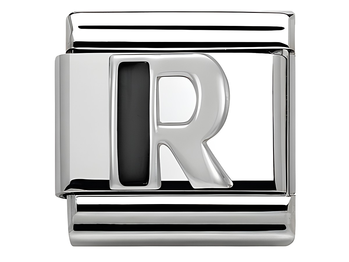 Classic SilverShine Buchstabe R aus Emaille von Nomination, glänzende Oberfläche, elegantes Design, ideal für Armbänder, edel und modern.