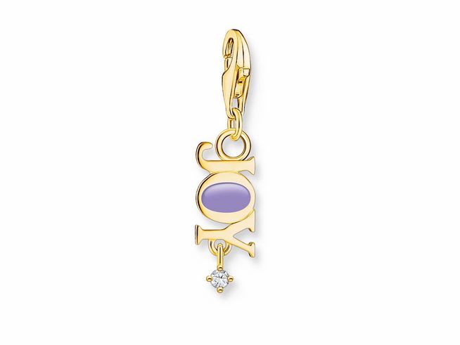 56972564-0 Charm-Anhänger von Thomas Sabo in Silber und vergoldetem Gelbgold mit violettem Emaille und Zirkonia, gestaltet in der Form des Schriftzugs Joy.