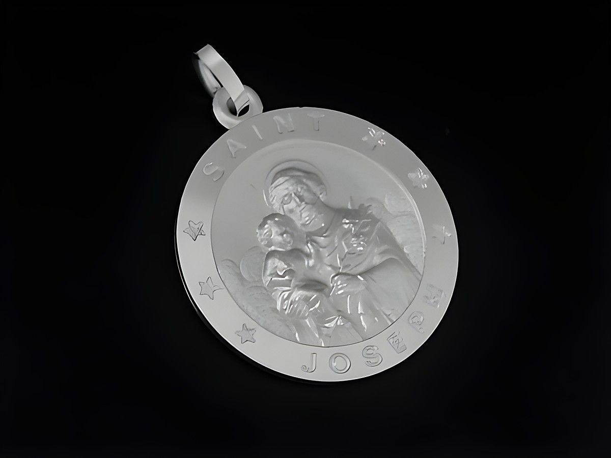 Silber Anhänger mit dem Motiv von Saint Joseph, gefertigt aus 925 Sterling Silber und rhodiniert, rund mit einer Darstellung von Saint Joseph und dem Kind. Ideal als Schutzpatron.