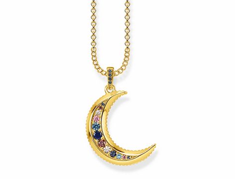 Thomas Sabo Kette Glam & Soul mit einem goldfarbenen Anhänger in Form eines Halbmonds, verziert mit bunten Steinen, erhältlich in Längen von ca. 40/42,5/45 cm.