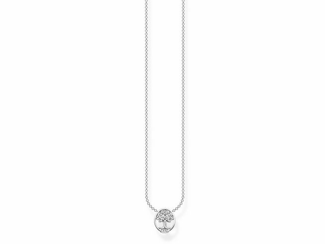 Edelstahl Halskette von Thomas Sabo mit einem charmanten Anhänger in Form eines Baumes, besetzt mit weißen Zirkonia, in der Länge von 40-45 cm.