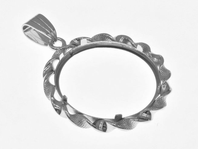 Münzfassung Anhänger aus rhodiniertem 925 Sterling Silber mit einer maximalen Münzgröße von 24 mm Durchmesser, dekoratives Design, geeignet für Münzen bis 2,5 cm. Hersteller Juwelier Harnisch.