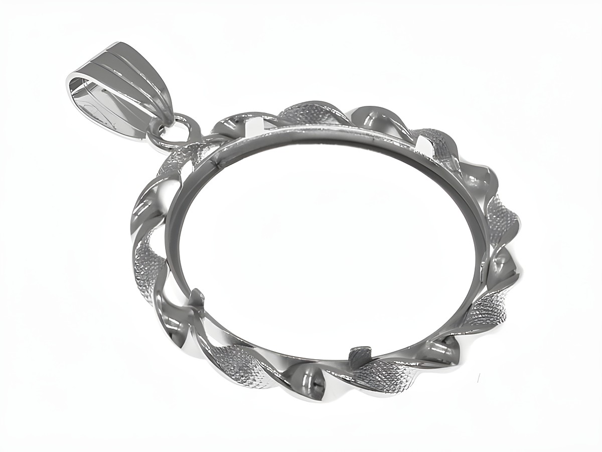 Münzfassung Anhänger aus rhodiniertem 925 Sterling Silber mit einer maximalen Münzgröße von 24 mm Durchmesser, dekoratives Design, geeignet für Münzen bis 2,5 cm. Hersteller Juwelier Harnisch. – Ansicht 2