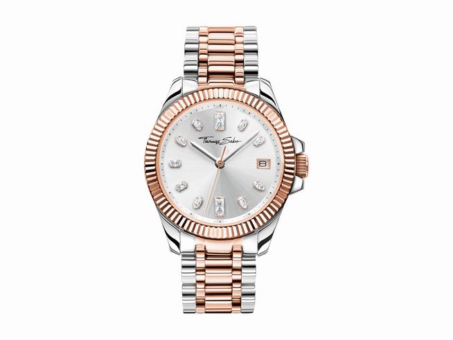 Damenuhr bicolor aus Roségold und Edelstahl der Marke Thomas Sabo mit silbernem Zifferblatt und funkelnden Details, Modell WA0371-277-201-33 MM.
