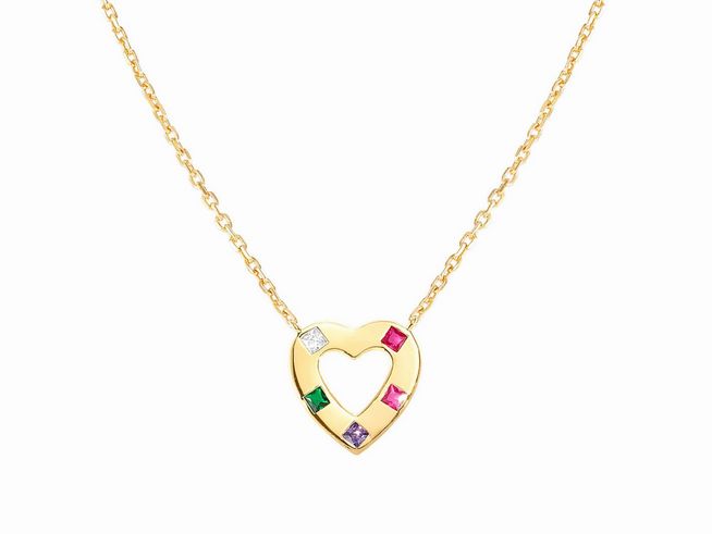 Kette aus vergoldetem Edelstahl mit herzförmigem Anhänger, verziert mit bunten Zirkonia und einem Durchbruch in der Mitte, Länge 38 bis 44 cm, Hersteller Nomination Carismatica.