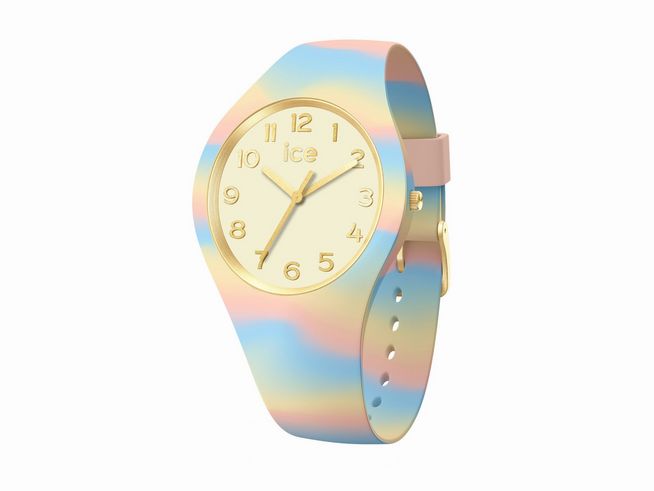 Ice Watch Uhr 022598 ICE tie and dye Pastel Blue Small mit einem bunten, pastellfarbenen Armband in Blau und Rosa sowie einem goldenen Zifferblatt und Ziffern.