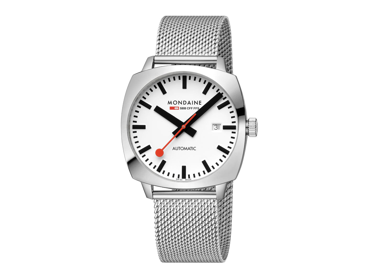 Mondaine Uhr MSL.3961B.SM - Cushion Backlight - 39 mm Mondaine Uhr MSL.3961B.SM im Cushion Design mit weißen Zifferblatt, schwarzen Indizes, rotem Sekundenzeiger und Edelstahl-Mesh-Armband, Durchmesser 39 mm, elegante Herrenarmbanduhr.